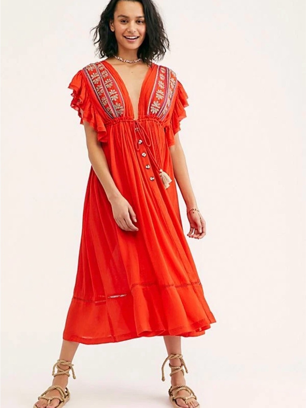 Free People Bali Will Wait For You Red Embroidered Maxi Dress L